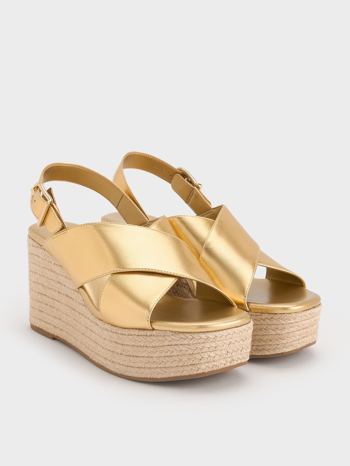 CHARLES & KEITH Quality / Metallic Crossover Espadrille Wedges - Gold