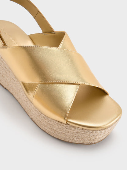 CHARLES & KEITH Quality / Metallic Crossover Espadrille Wedges - Gold