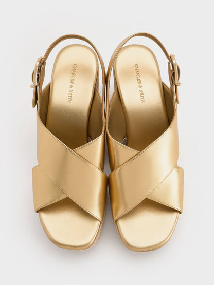 CHARLES & KEITH Quality / Metallic Crossover Espadrille Wedges - Gold
