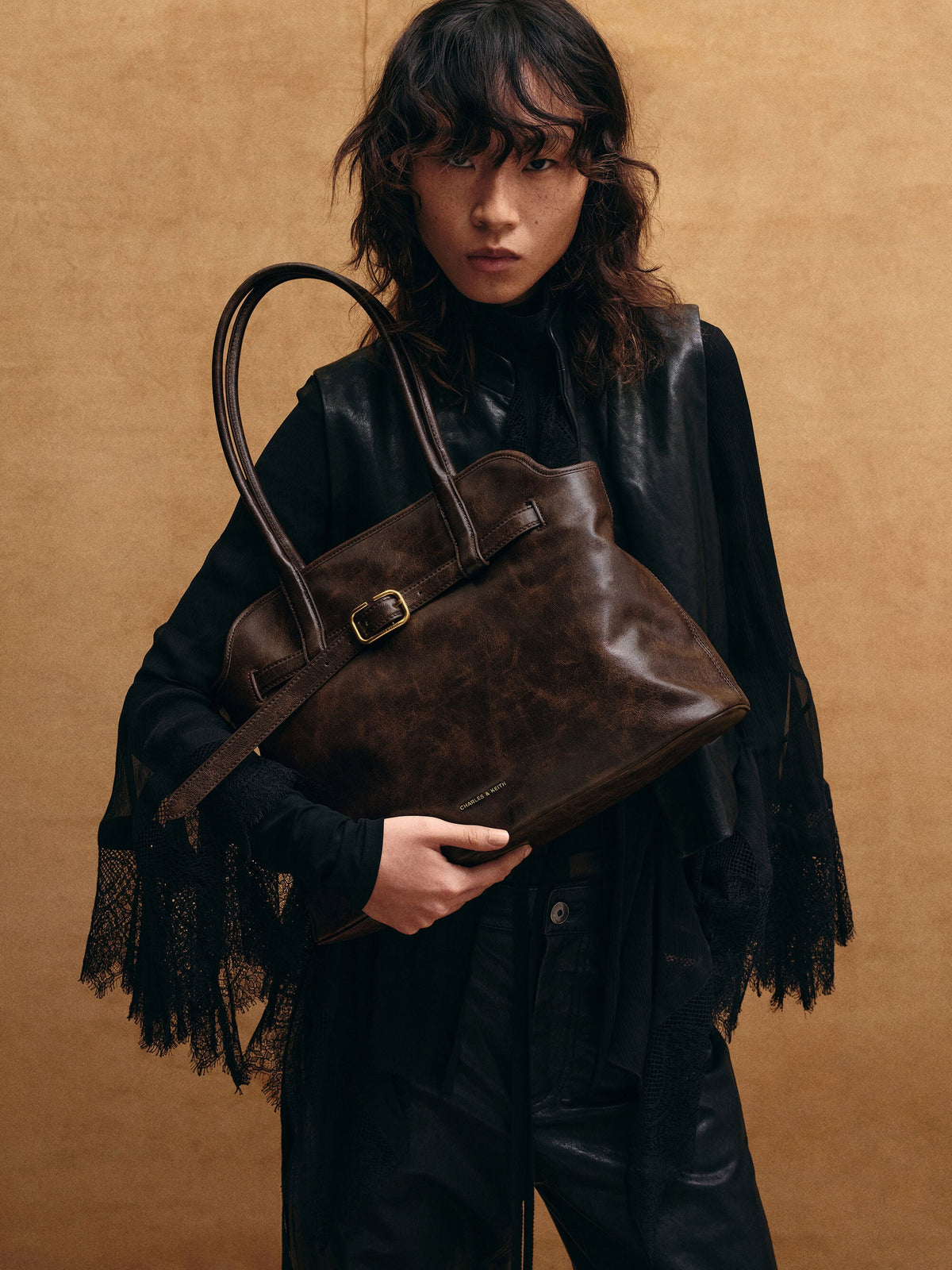 CHARLES & KEITH Great Value / Victoria Belted Tote Bag - Distressed Coffee