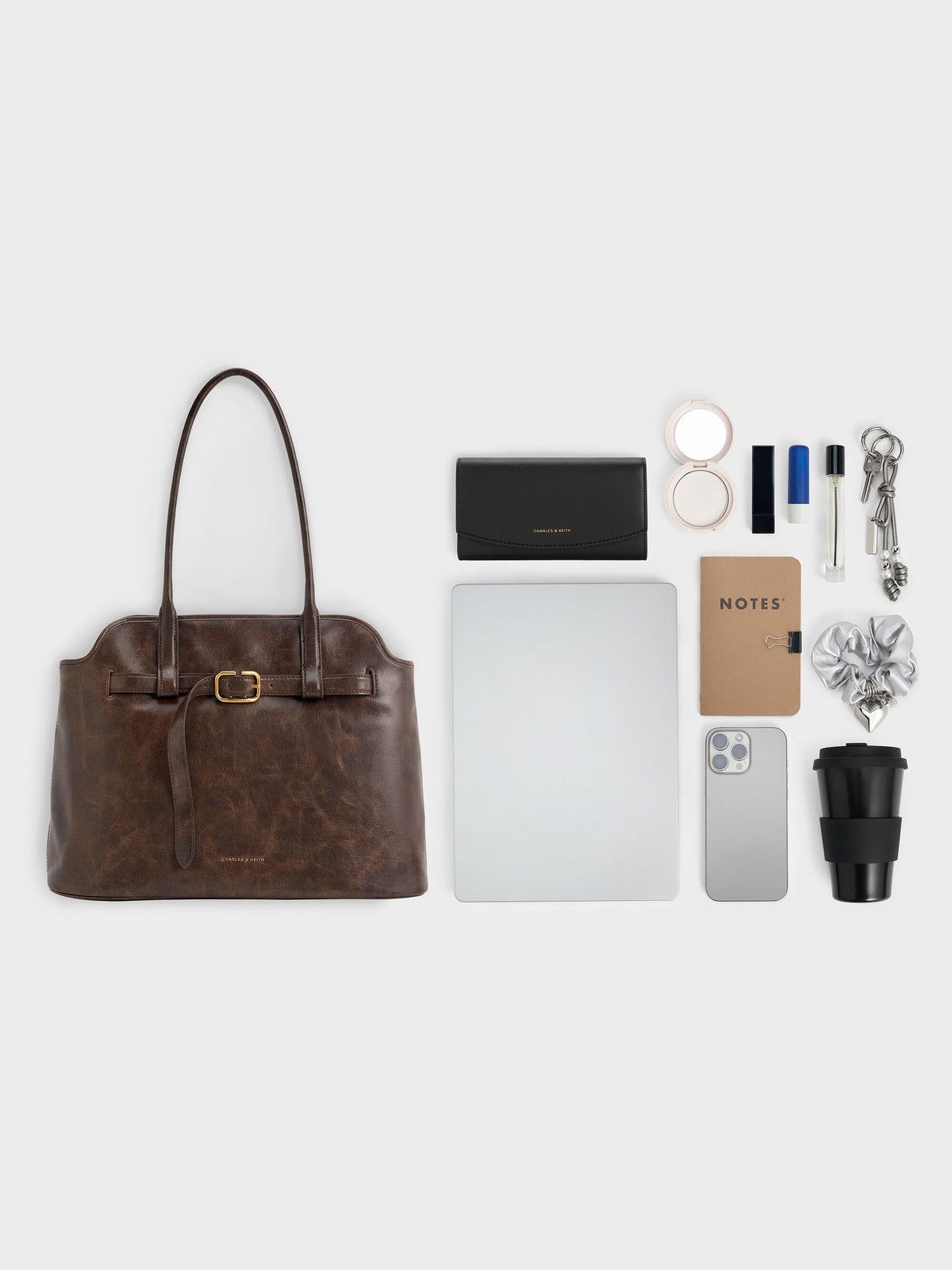 CHARLES & KEITH Great Value / Victoria Belted Tote Bag - Distressed Coffee