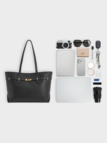 CHARLES & KEITH Discount / Arlet Double-Handle Belted Tote bag - Black