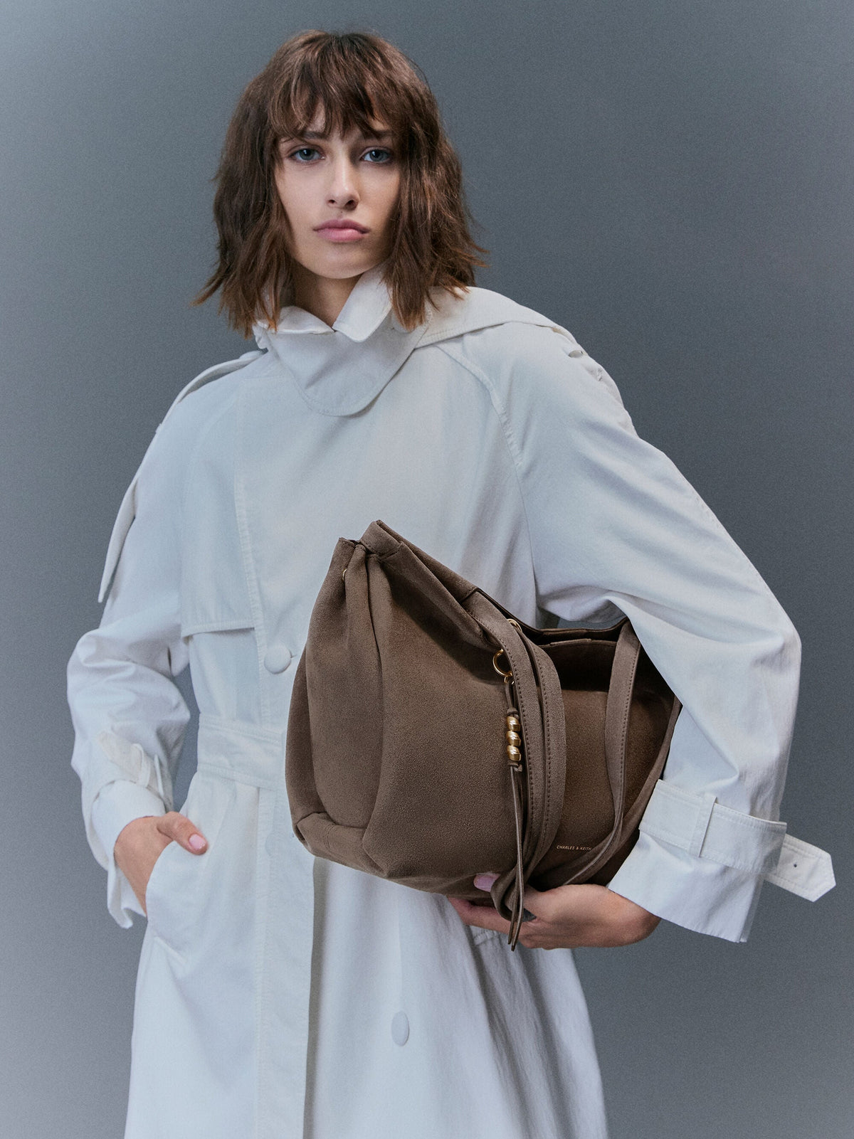 CHARLES & KEITH Popular / XL Zephyr Tassel Tote Bag - Stone Grey