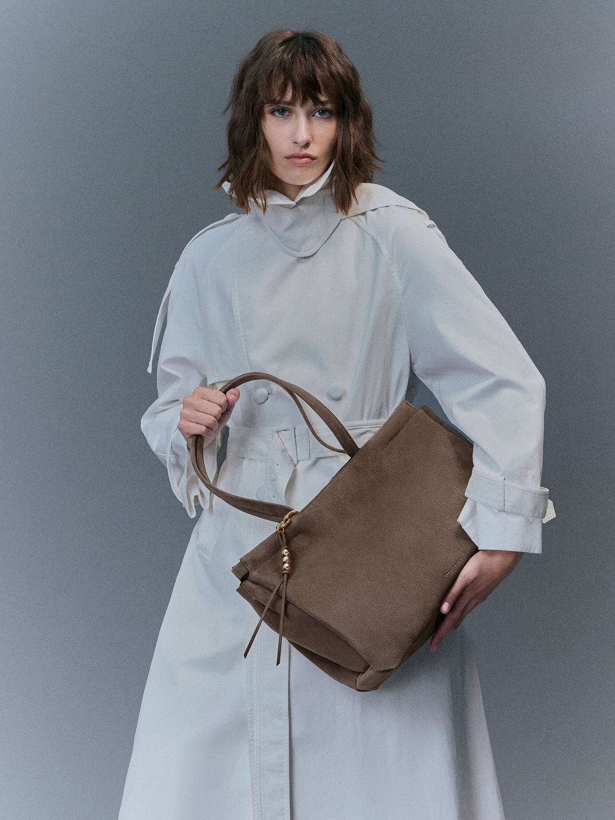 CHARLES & KEITH Popular / XL Zephyr Tassel Tote Bag - Stone Grey