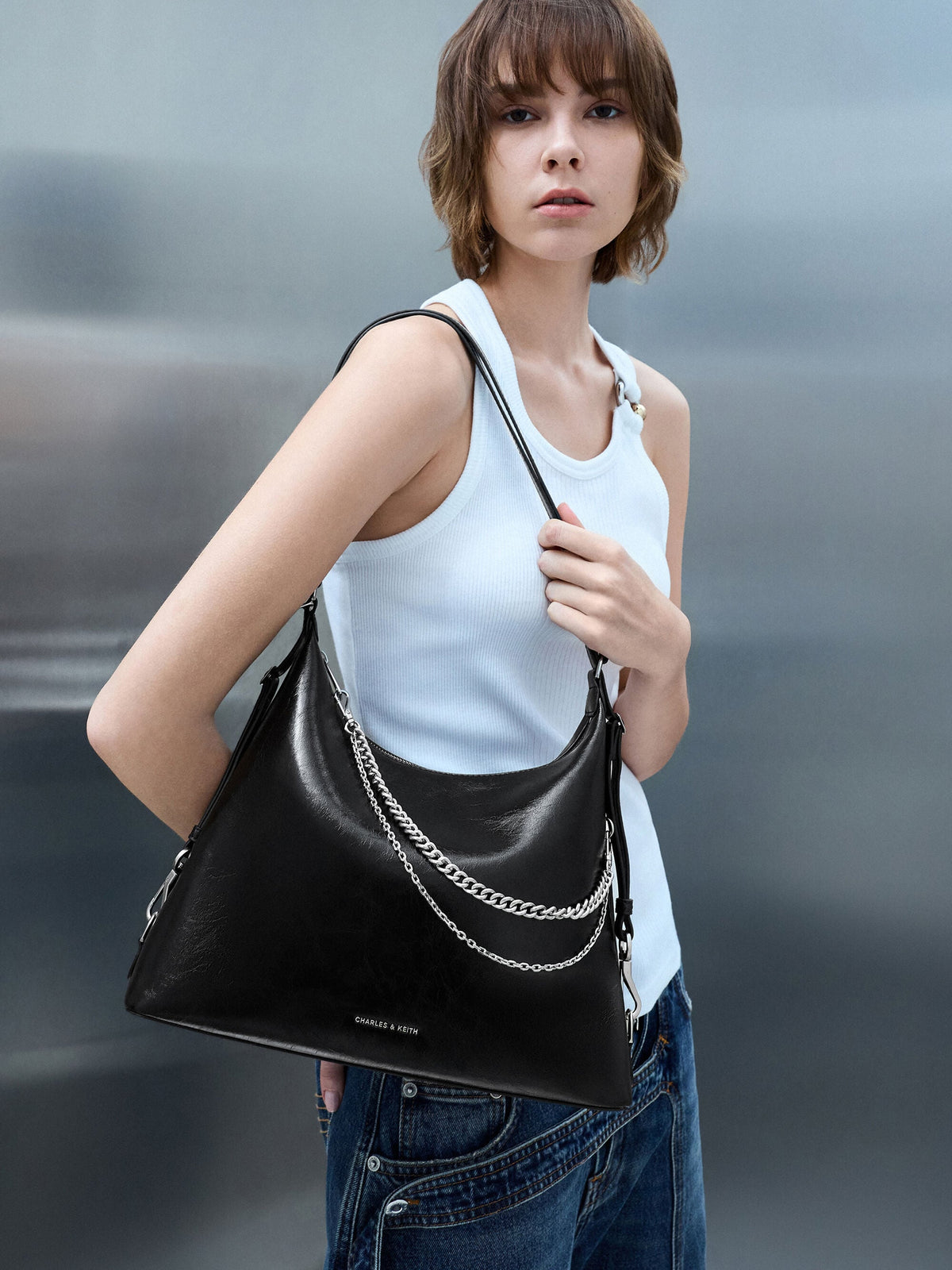 CHARLES & KEITH Everyday / Atwood Chain Convertible Hobo Bag - Noir