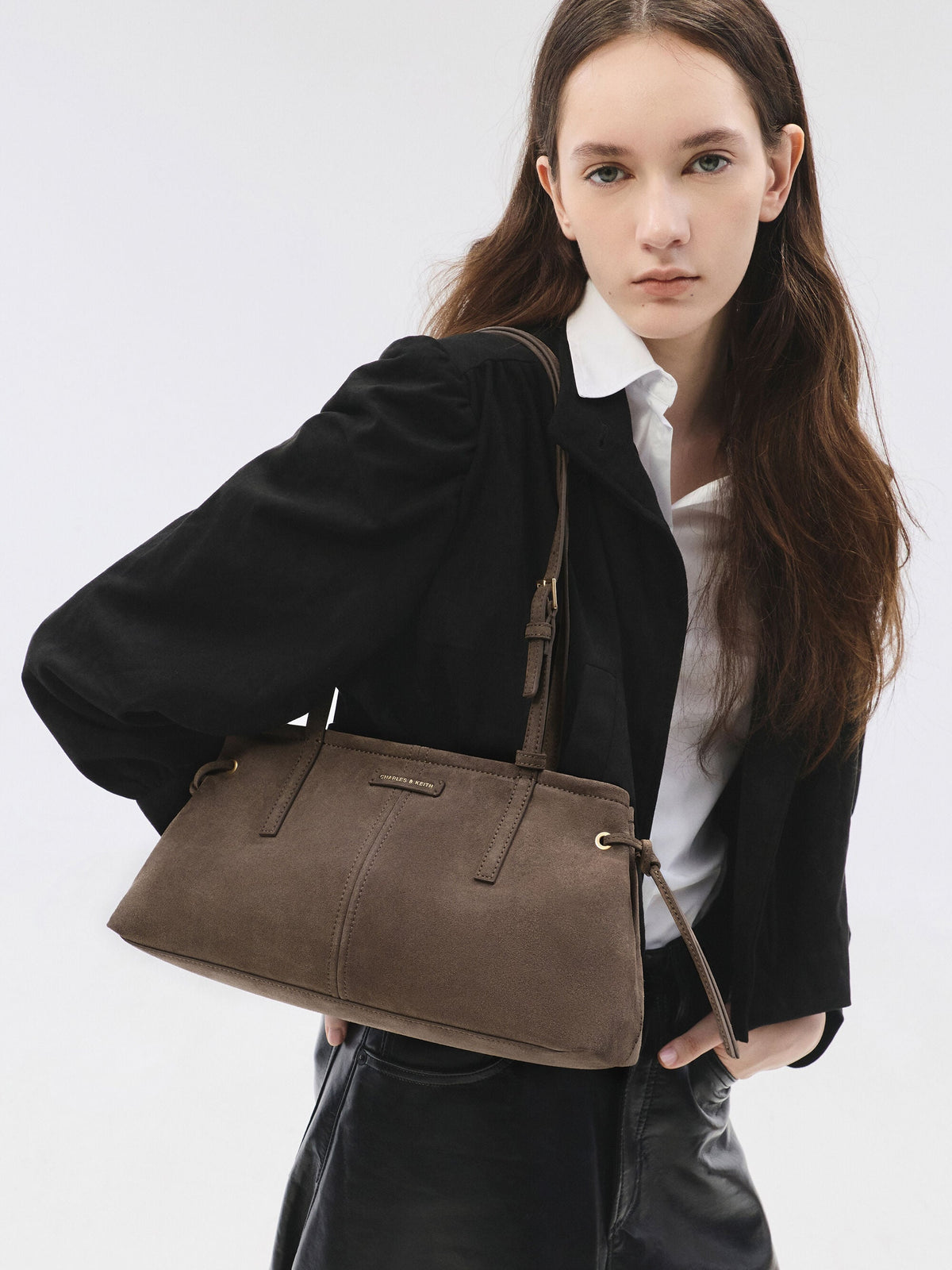 CHARLES & KEITH Smart Buy / Noane Elongated-Handle Shoulder Bag - Stone Grey