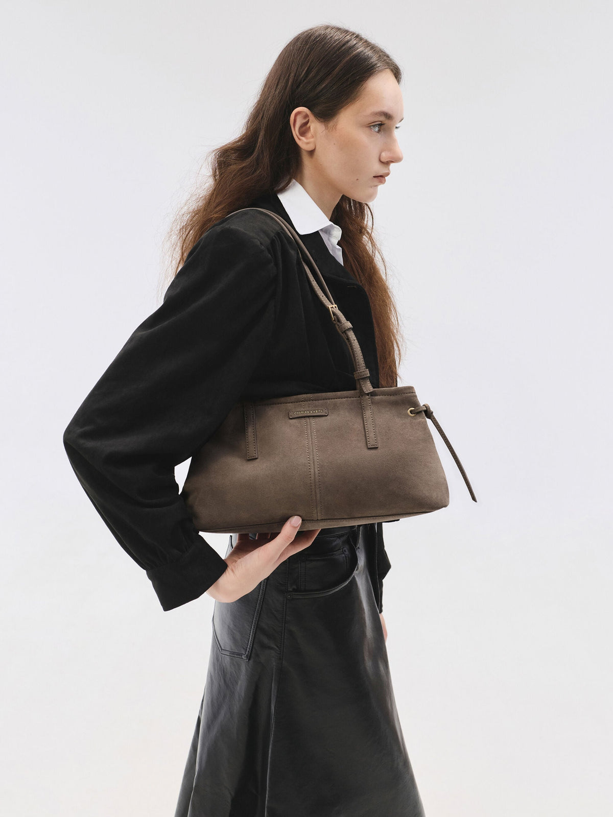 CHARLES & KEITH Smart Buy / Noane Elongated-Handle Shoulder Bag - Stone Grey