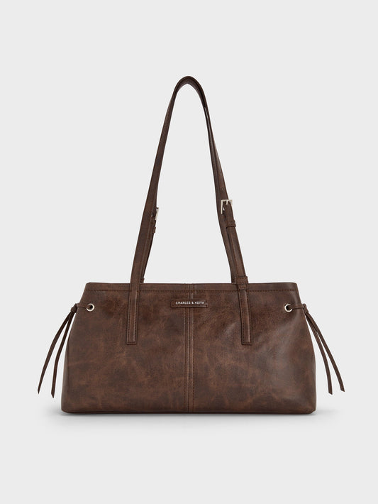 CHARLES & KEITH Sale / Noane Elongated-Handle Shoulder Bag - Distressed Coffee