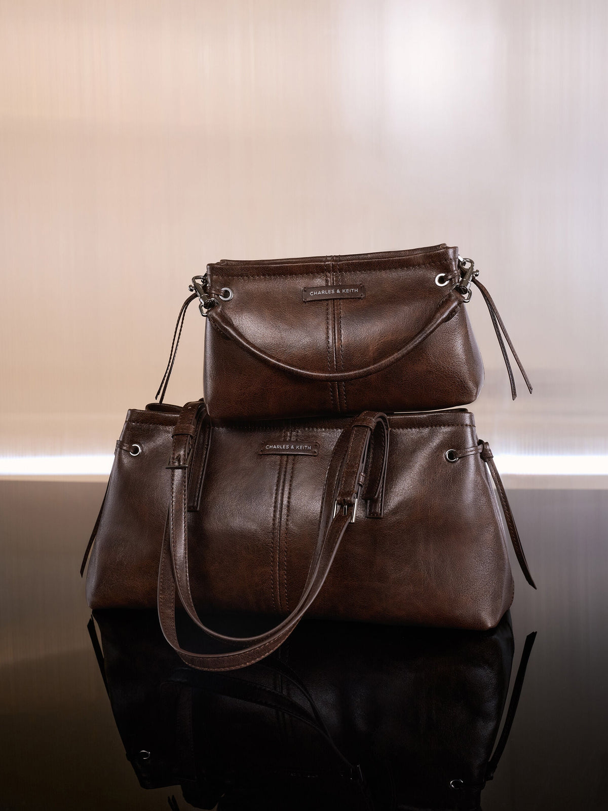 CHARLES & KEITH Sale / Noane Elongated-Handle Shoulder Bag - Distressed Coffee
