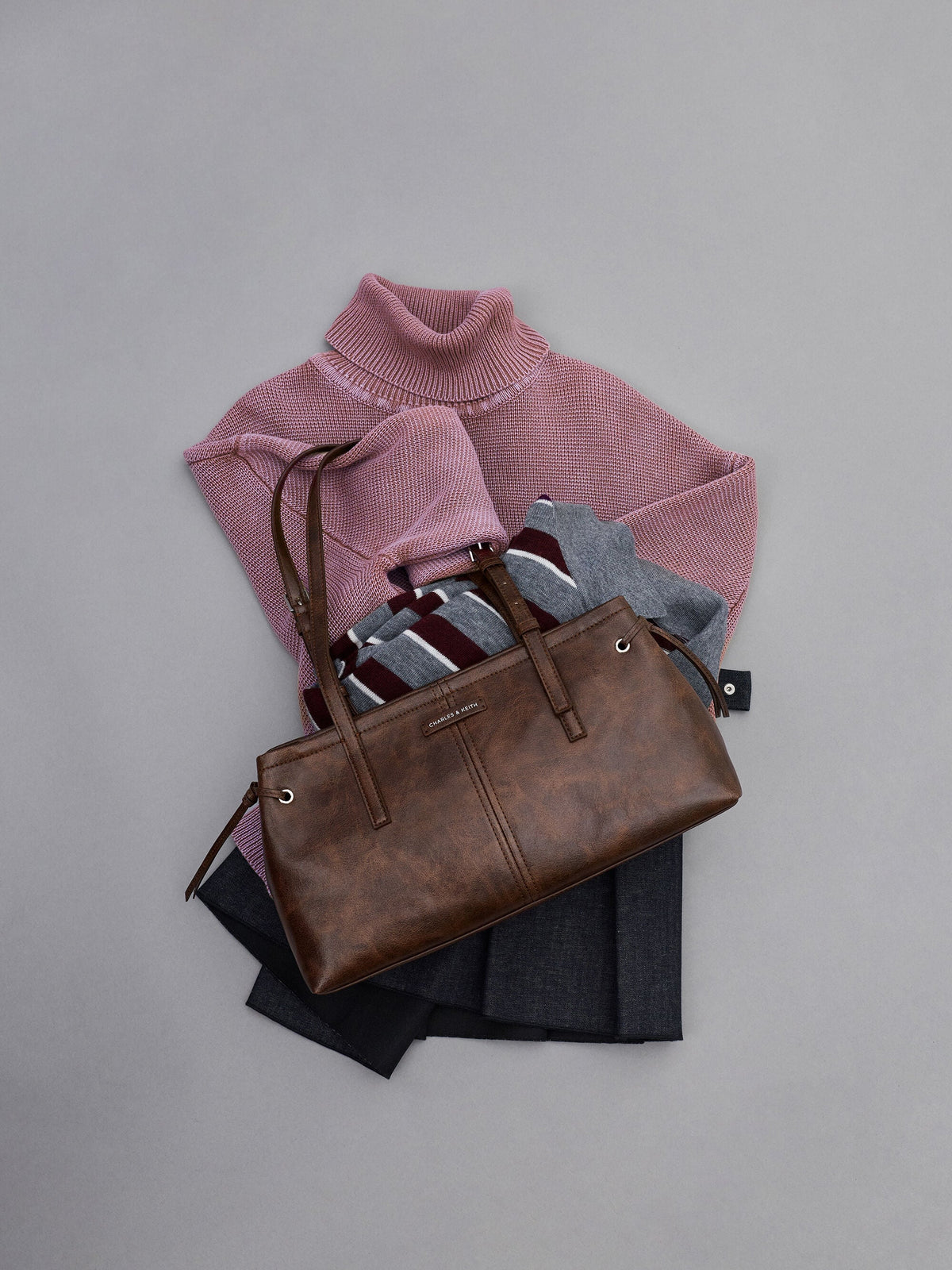 CHARLES & KEITH Sale / Noane Elongated-Handle Shoulder Bag - Distressed Coffee