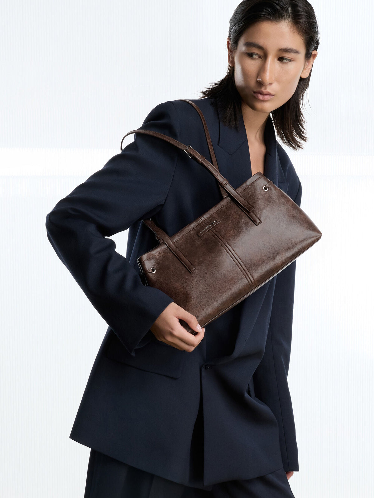 CHARLES & KEITH Sale / Noane Elongated-Handle Shoulder Bag - Distressed Coffee