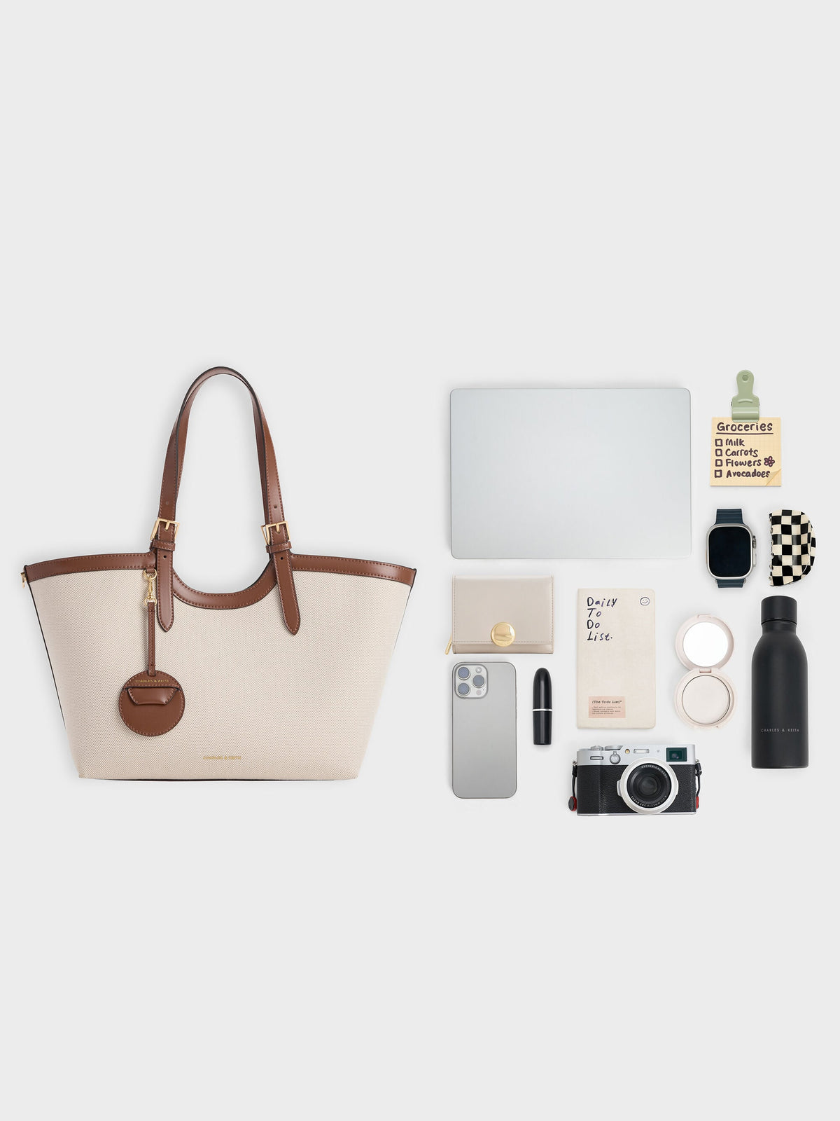 CHARLES & KEITH Popular / XL Enola Canvas Tote Bag - Chocolate