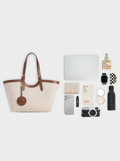 CHARLES & KEITH Popular / XL Enola Canvas Tote Bag - Chocolate