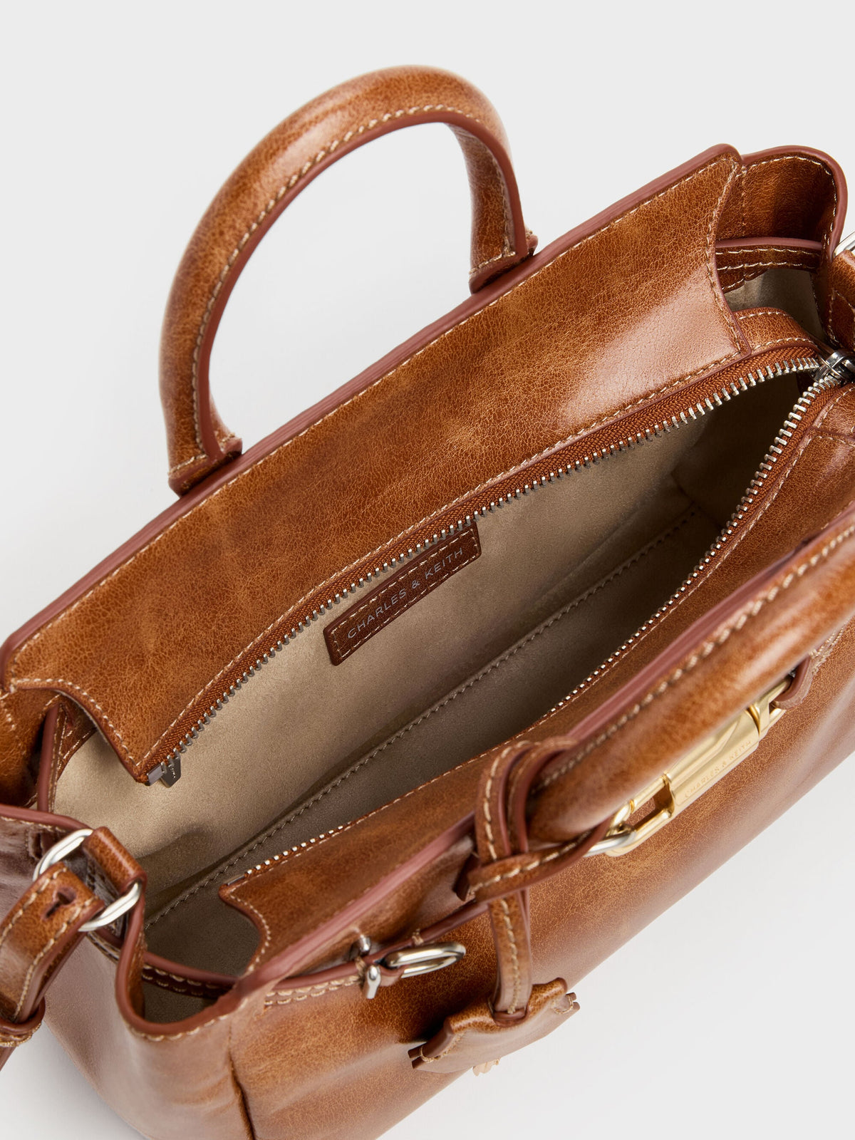CHARLES & KEITH Everyday / Mini Delfina Belted Tote Bag - Distressed Tan