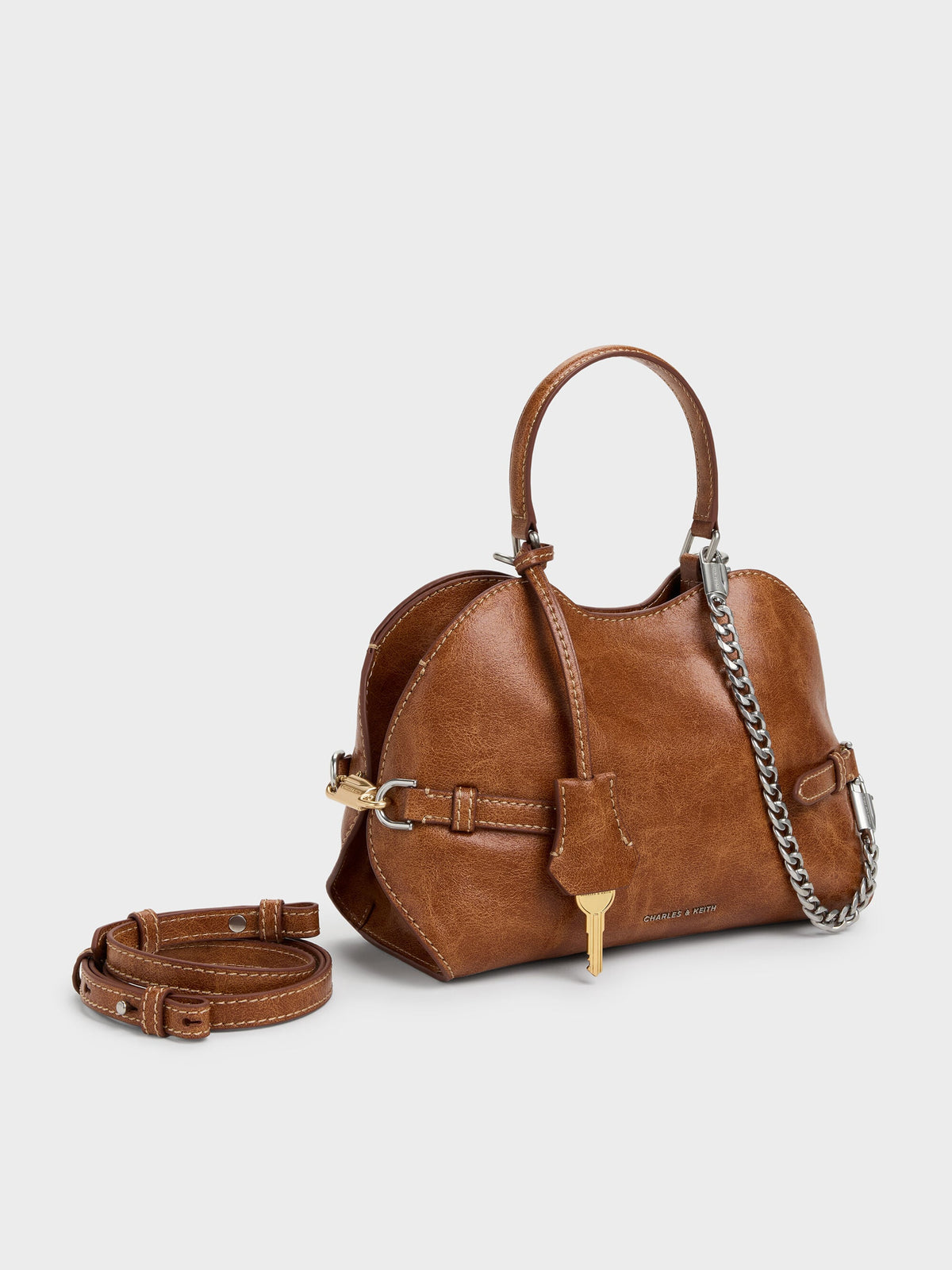 CHARLES & KEITH Discount / Delfina Chain Side-Belt Tote Bag - Distressed Tan