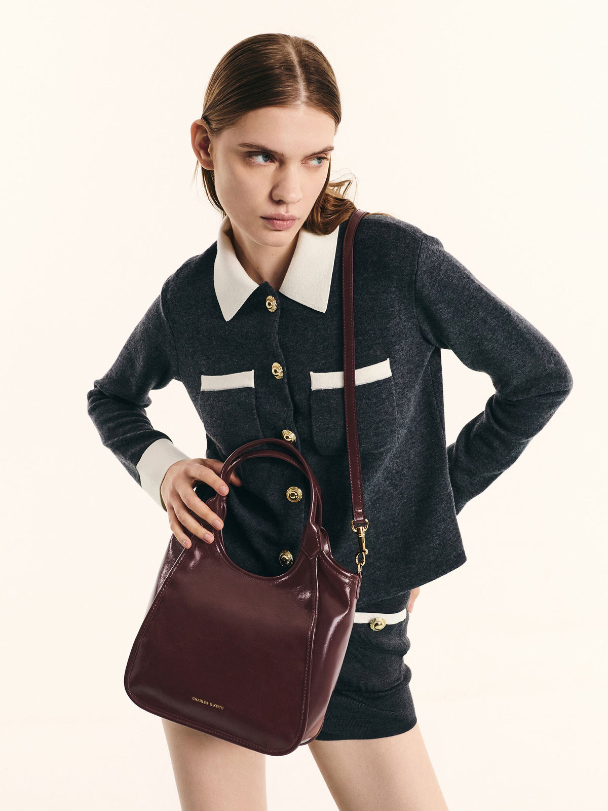 CHARLES & KEITH Everyday / Mini Sianna Crinkle-Effect Slouchy Tote Bag - Wineberry Red