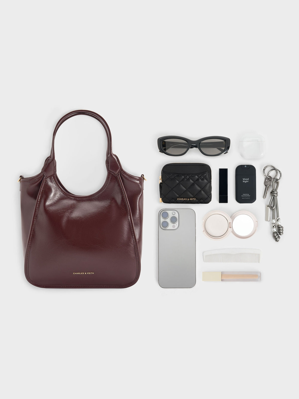 CHARLES & KEITH Everyday / Mini Sianna Crinkle-Effect Slouchy Tote Bag - Wineberry Red