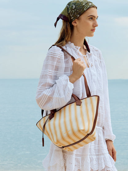 CHARLES & KEITH Popular / Large Ivanna Canvas Striped Tote Bag - Butterscotch Yellow