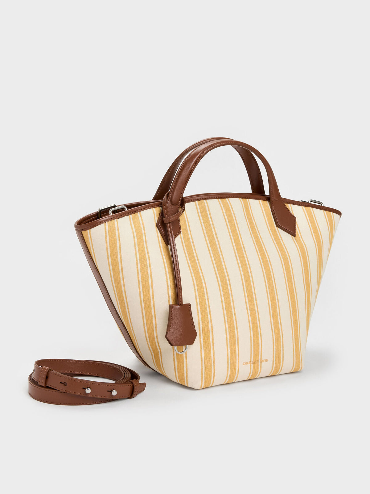 CHARLES & KEITH Popular / Large Ivanna Canvas Striped Tote Bag - Butterscotch Yellow