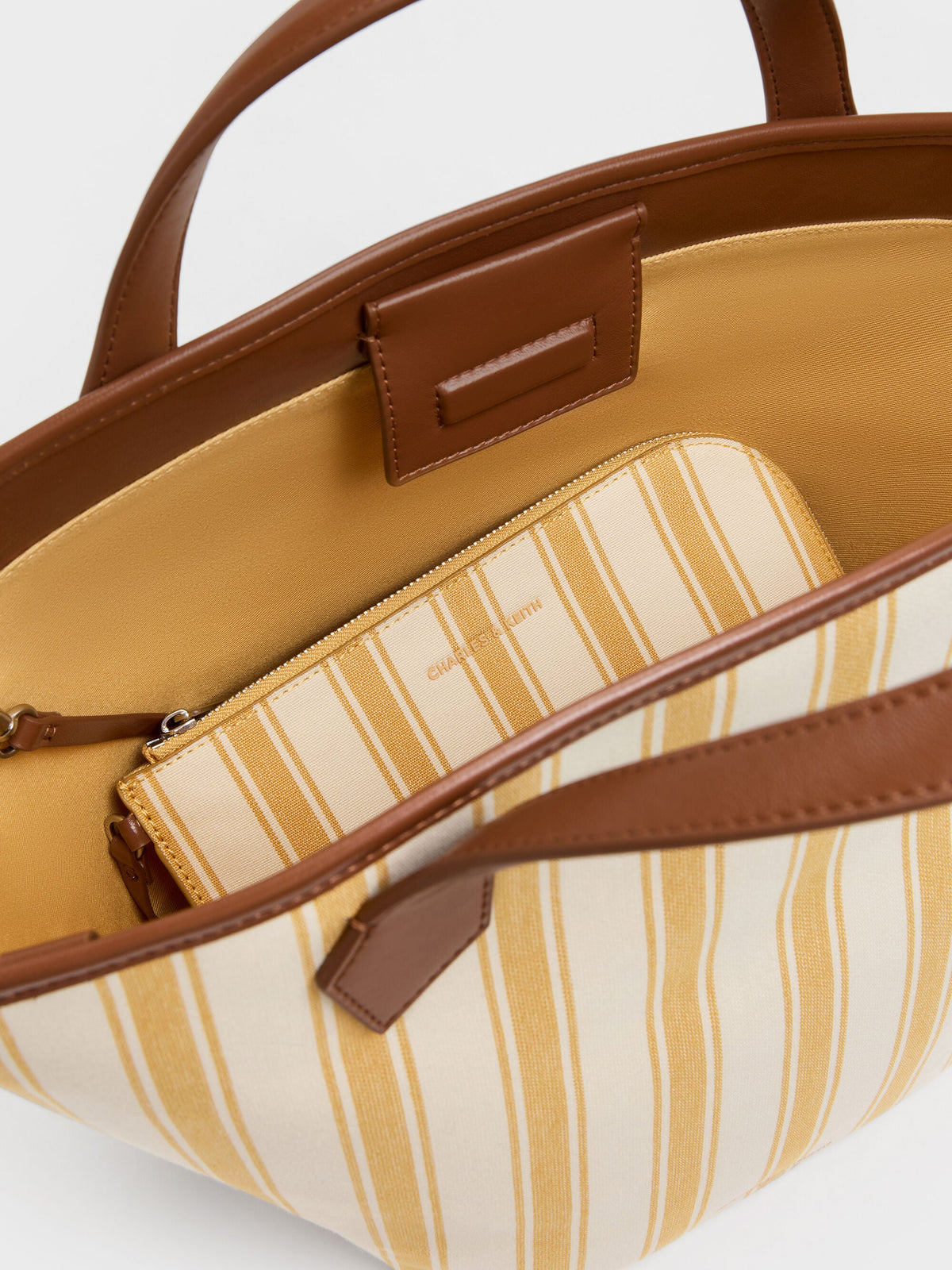 CHARLES & KEITH Popular / Large Ivanna Canvas Striped Tote Bag - Butterscotch Yellow