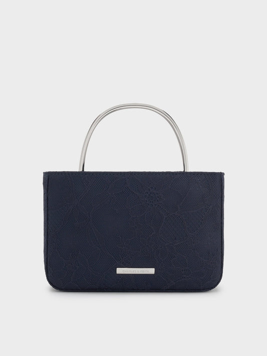 CHARLES & KEITH Everyday / Jennis Lace & Satin Top Handle Bag - Dark Blue Textured