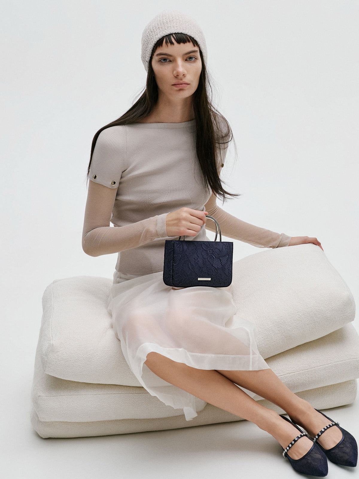 CHARLES & KEITH Everyday / Jennis Lace & Satin Top Handle Bag - Dark Blue Textured