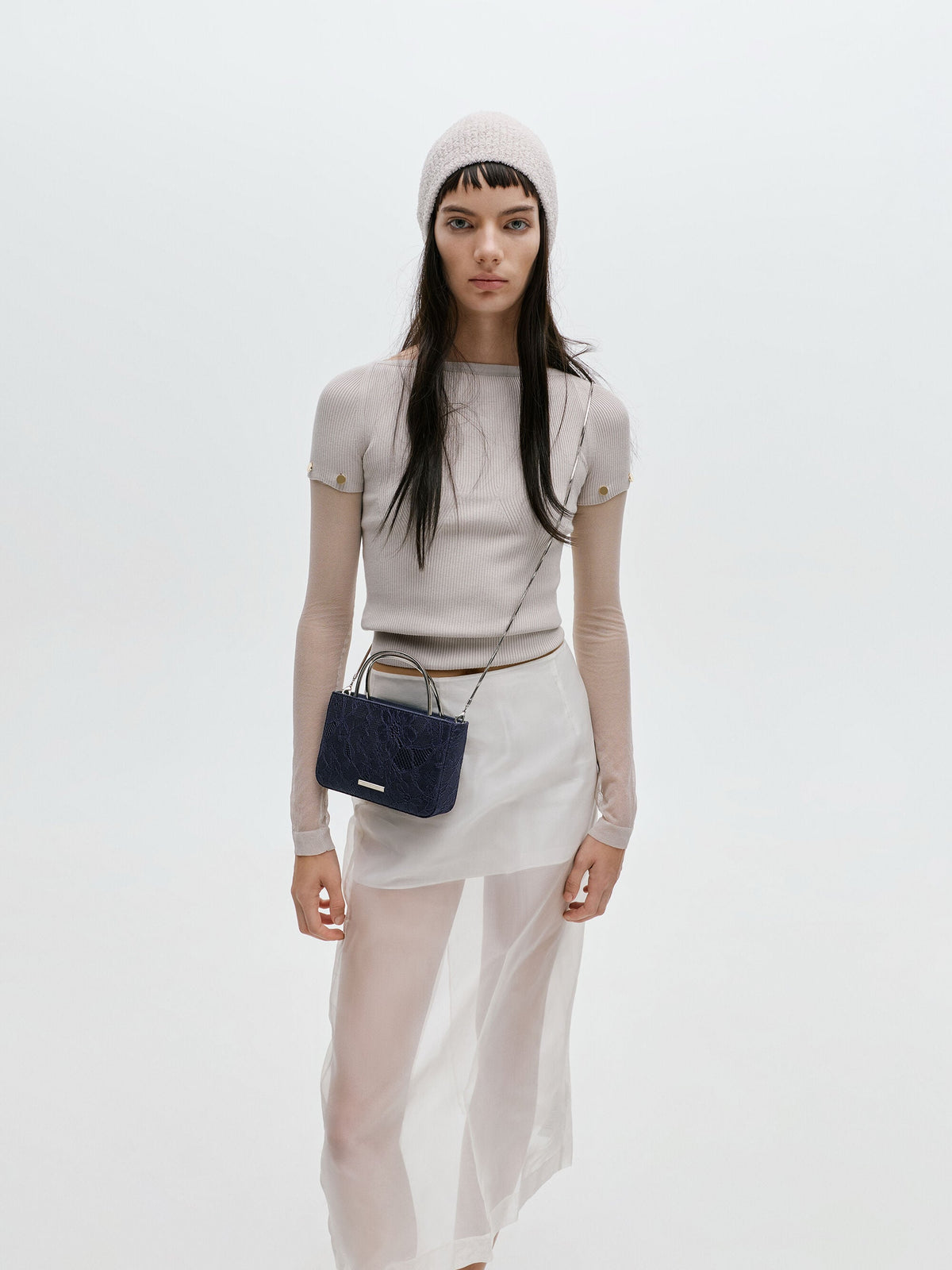 CHARLES & KEITH Everyday / Jennis Lace & Satin Top Handle Bag - Dark Blue Textured