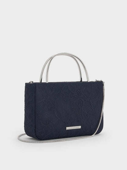 CHARLES & KEITH Everyday / Jennis Lace & Satin Top Handle Bag - Dark Blue Textured