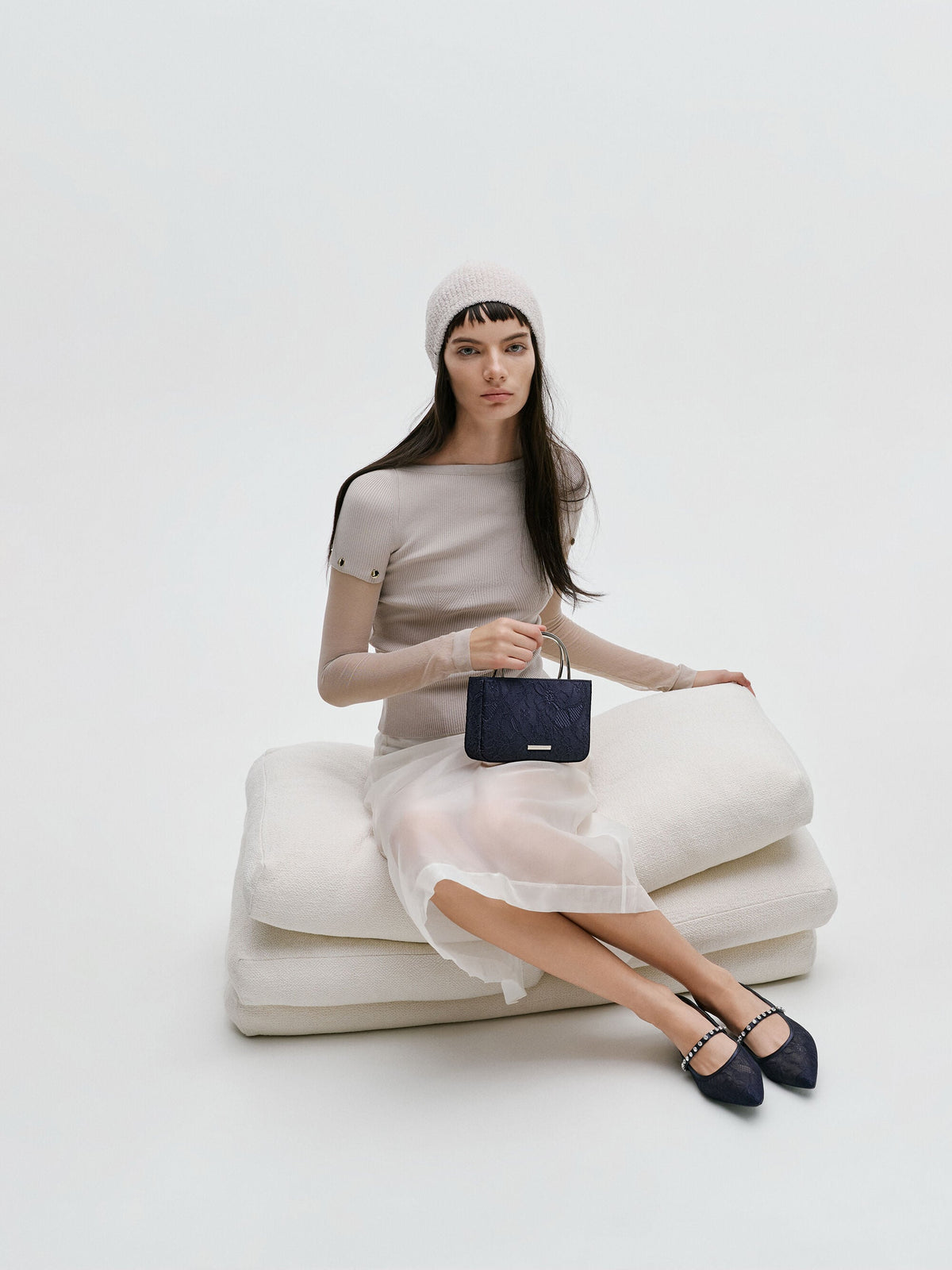 CHARLES & KEITH Everyday / Jennis Lace & Satin Top Handle Bag - Dark Blue Textured