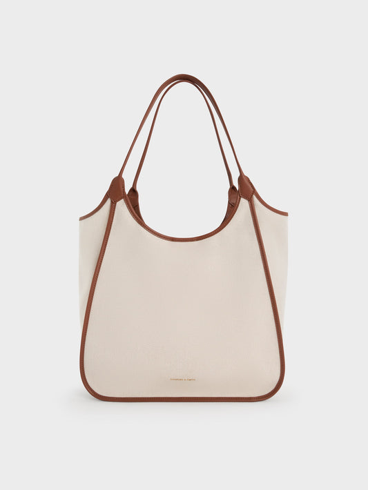 CHARLES & KEITH Top Pick / Sianna Canvas Contrast-Trim Tote Bag - Taupe Canvas