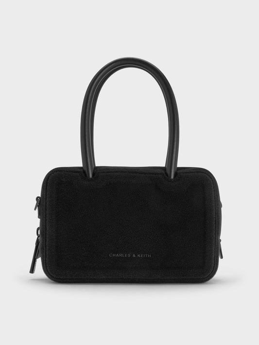 CHARLES & KEITH Top Pick / Perline Boxy Top Handle Bag With Floral Appliques - Jet Black