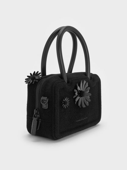 CHARLES & KEITH Top Pick / Perline Boxy Top Handle Bag With Floral Appliques - Jet Black