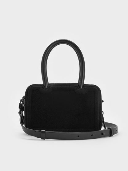 CHARLES & KEITH Top Pick / Perline Boxy Top Handle Bag With Floral Appliques - Jet Black
