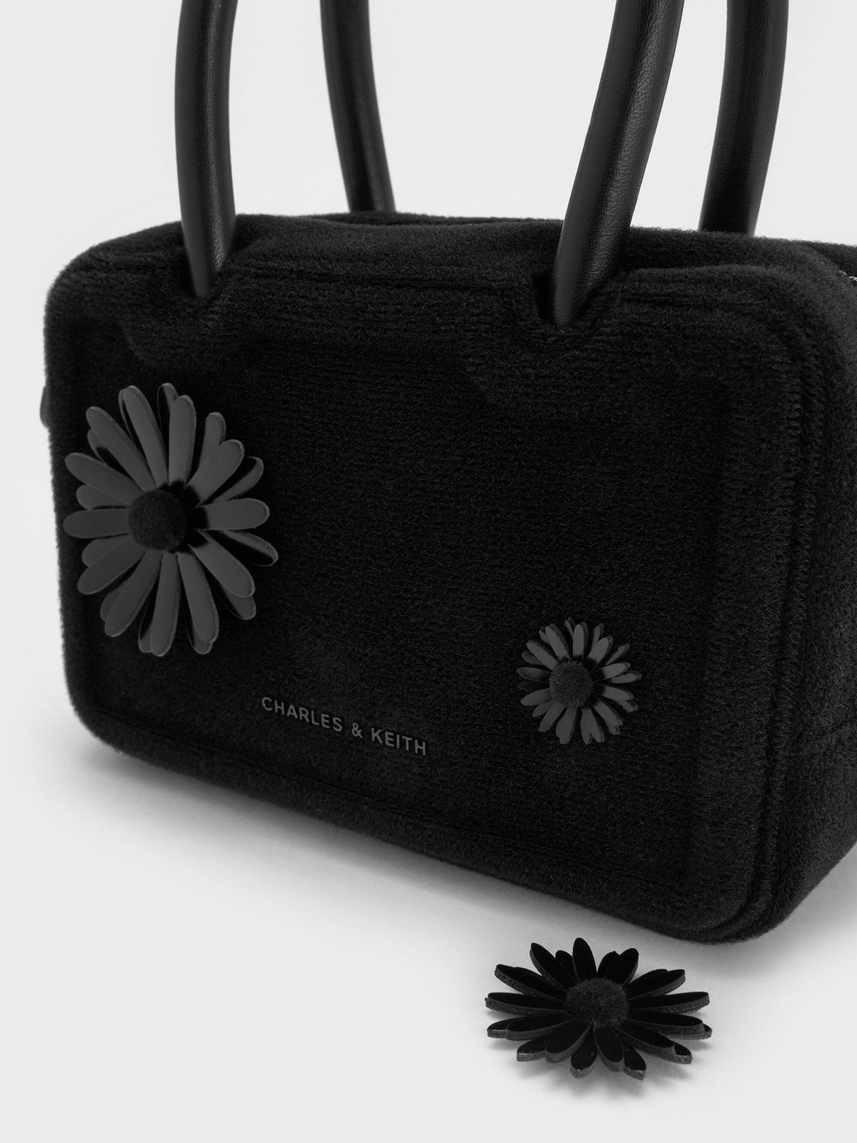 CHARLES & KEITH Top Pick / Perline Boxy Top Handle Bag With Floral Appliques - Jet Black