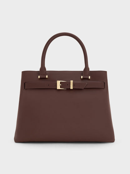 CHARLES & KEITH New / Voyager Leather Belted Tote Bag - Dark Brown