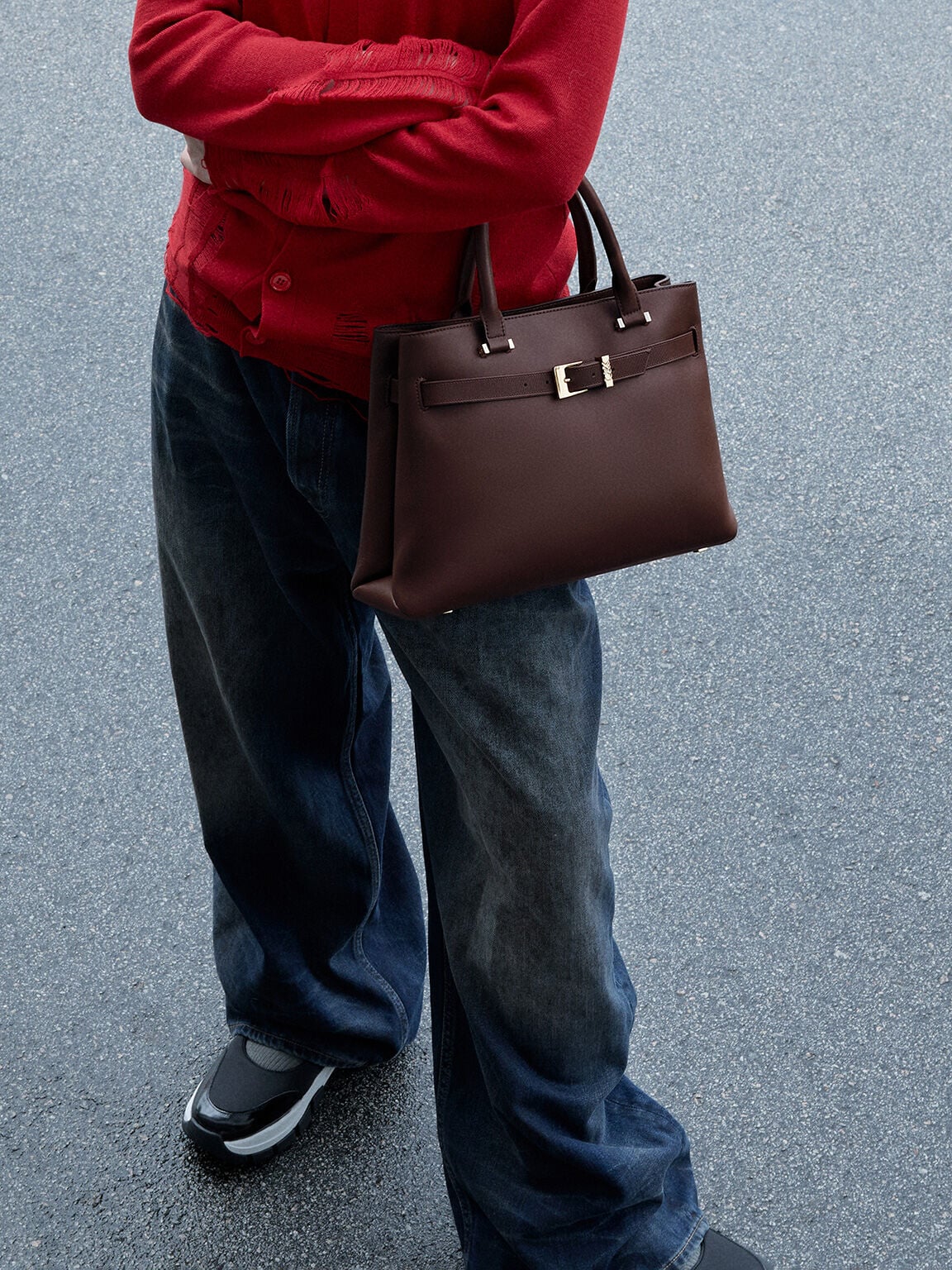 CHARLES & KEITH New / Voyager Leather Belted Tote Bag - Dark Brown