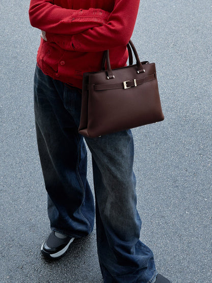 CHARLES & KEITH New / Voyager Leather Belted Tote Bag - Dark Brown