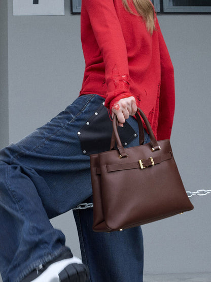 CHARLES & KEITH New / Voyager Leather Belted Tote Bag - Dark Brown