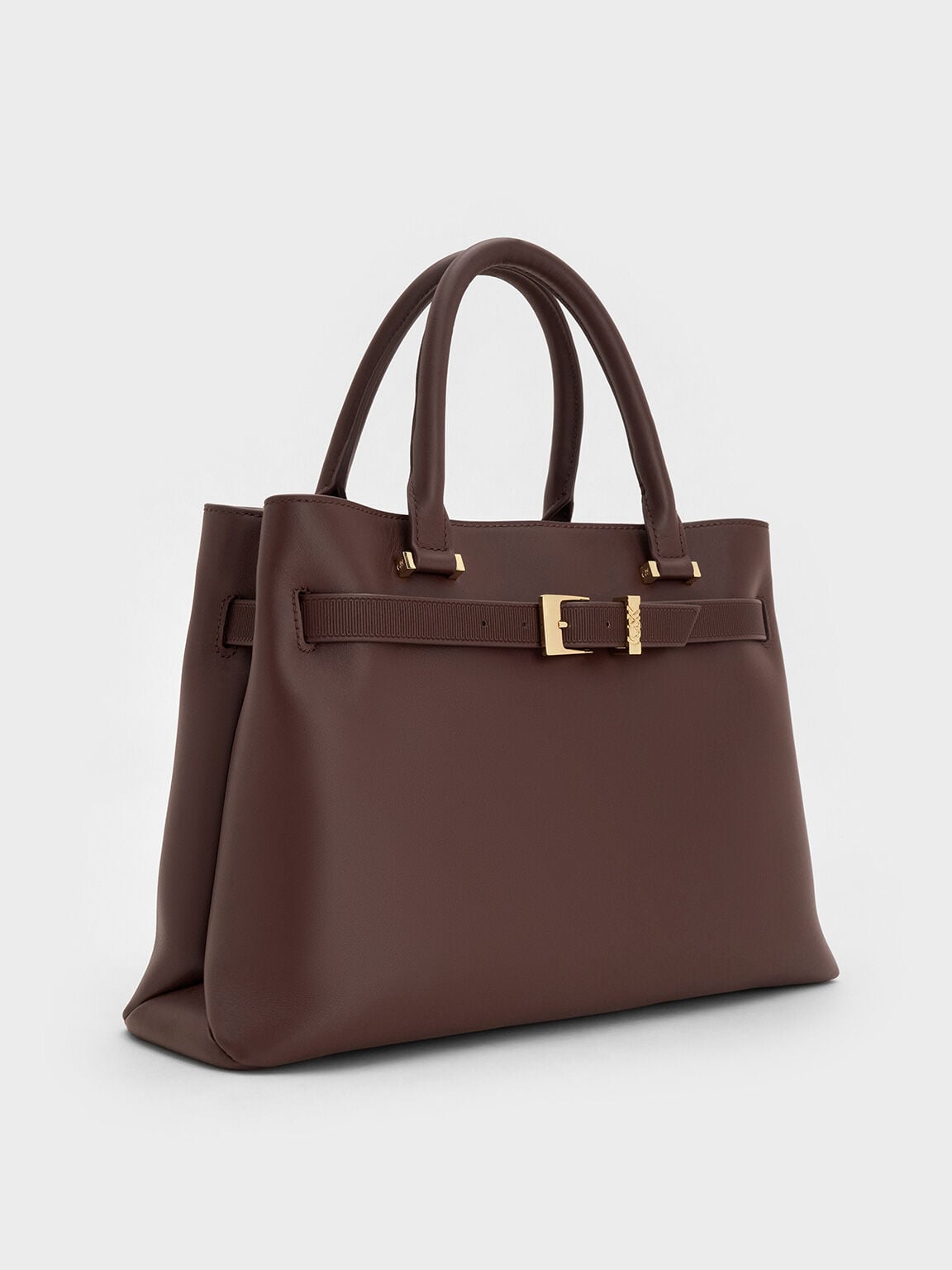 CHARLES & KEITH New / Voyager Leather Belted Tote Bag - Dark Brown
