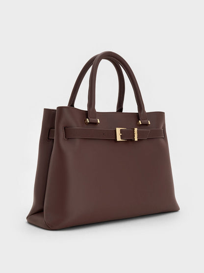 CHARLES & KEITH New / Voyager Leather Belted Tote Bag - Dark Brown