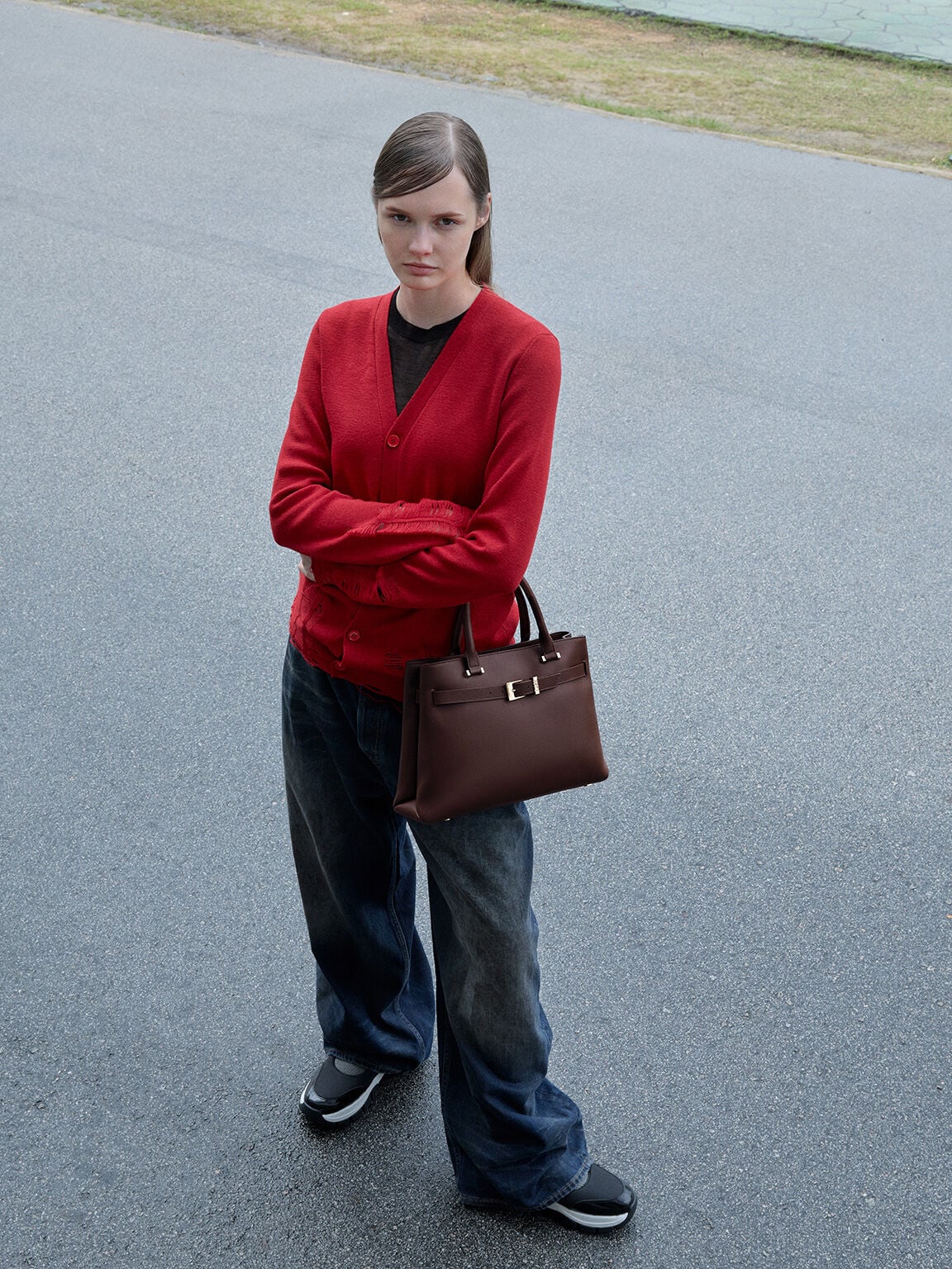 CHARLES & KEITH New / Voyager Leather Belted Tote Bag - Dark Brown