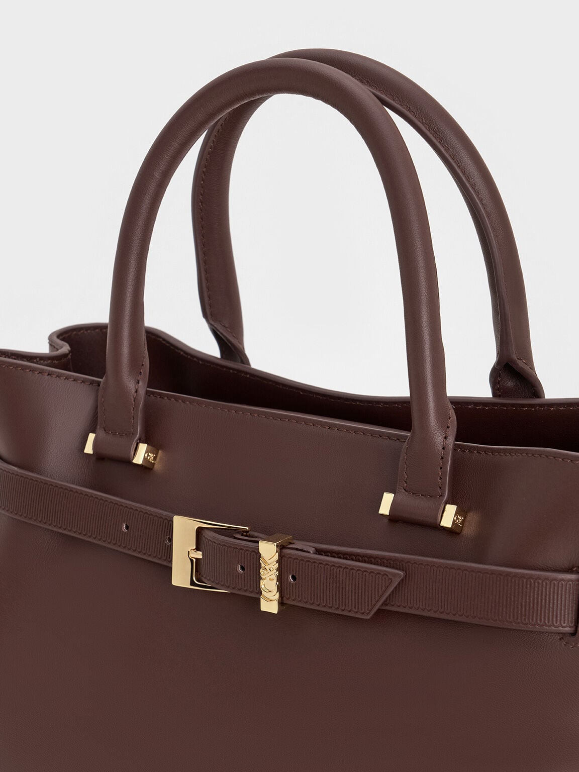 CHARLES & KEITH New / Voyager Leather Belted Tote Bag - Dark Brown