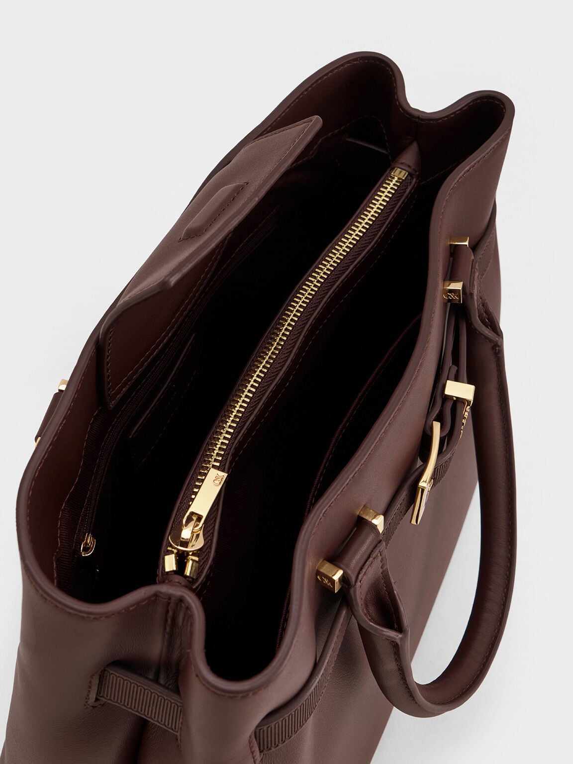 CHARLES & KEITH New / Voyager Leather Belted Tote Bag - Dark Brown
