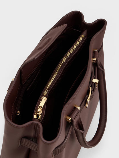 CHARLES & KEITH New / Voyager Leather Belted Tote Bag - Dark Brown