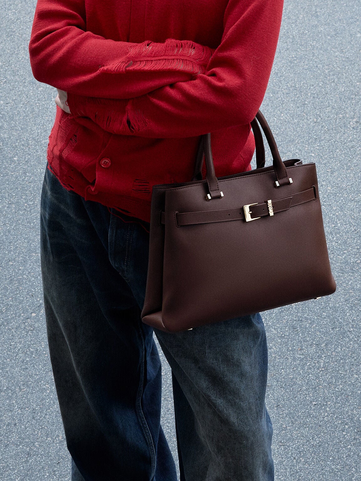 CHARLES & KEITH New / Voyager Leather Belted Tote Bag - Dark Brown