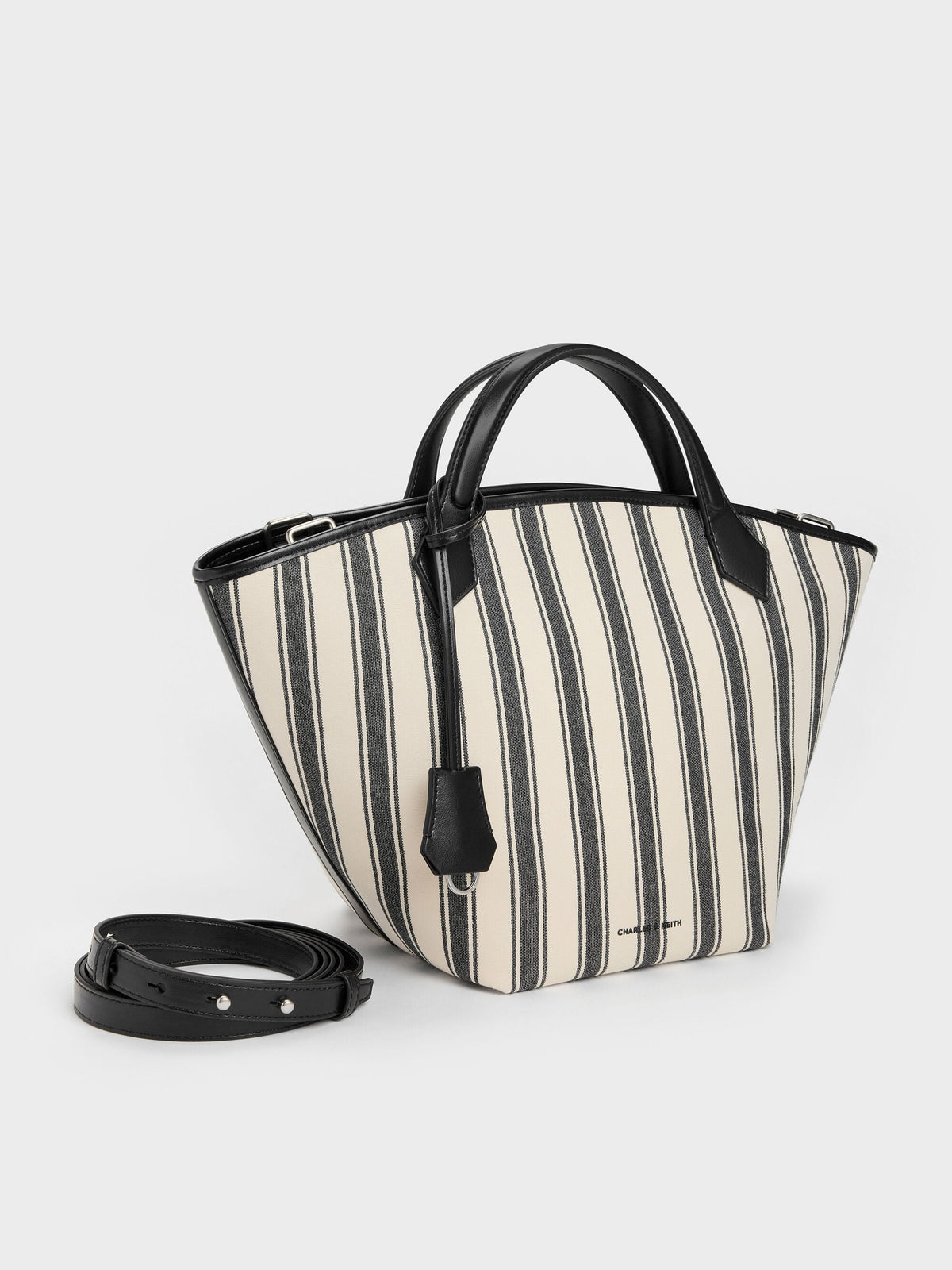 CHARLES & KEITH Classic / Large Ivanna Canvas Striped Tote Bag - Noir