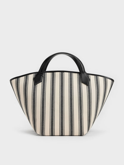 CHARLES & KEITH Classic / Large Ivanna Canvas Striped Tote Bag - Noir