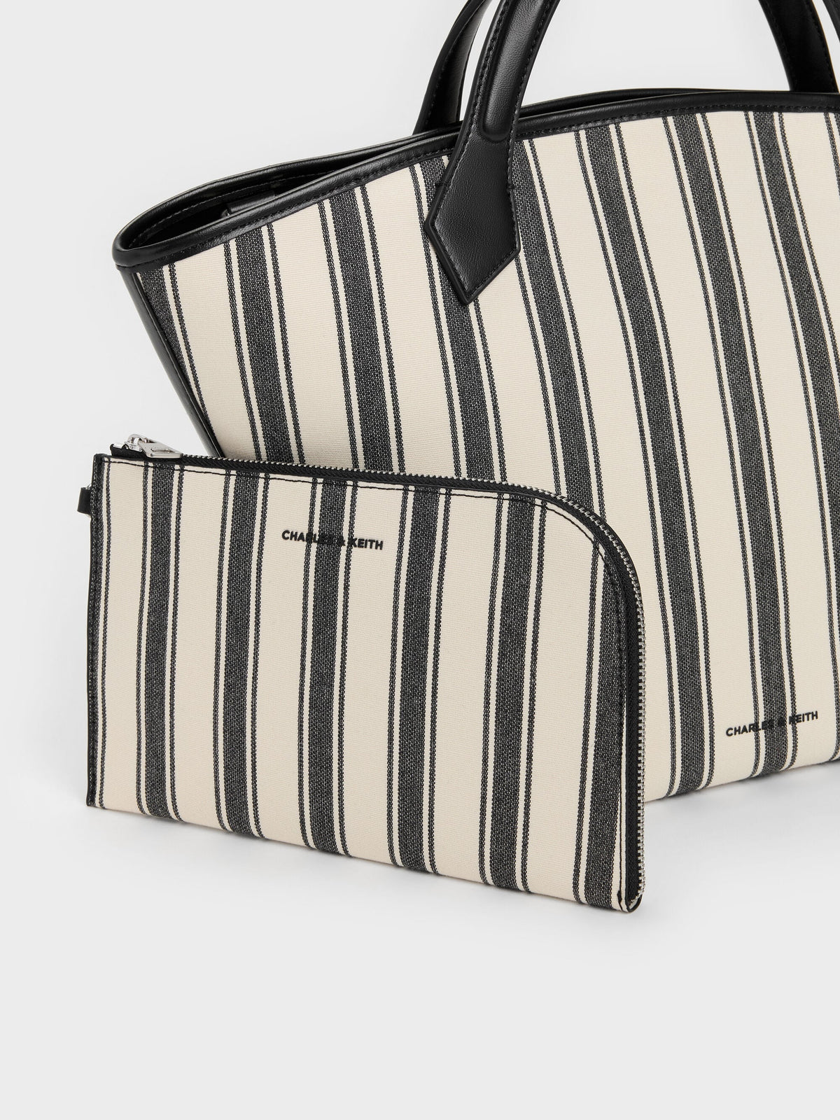 CHARLES & KEITH Classic / Large Ivanna Canvas Striped Tote Bag - Noir