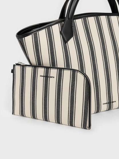 CHARLES & KEITH Classic / Large Ivanna Canvas Striped Tote Bag - Noir