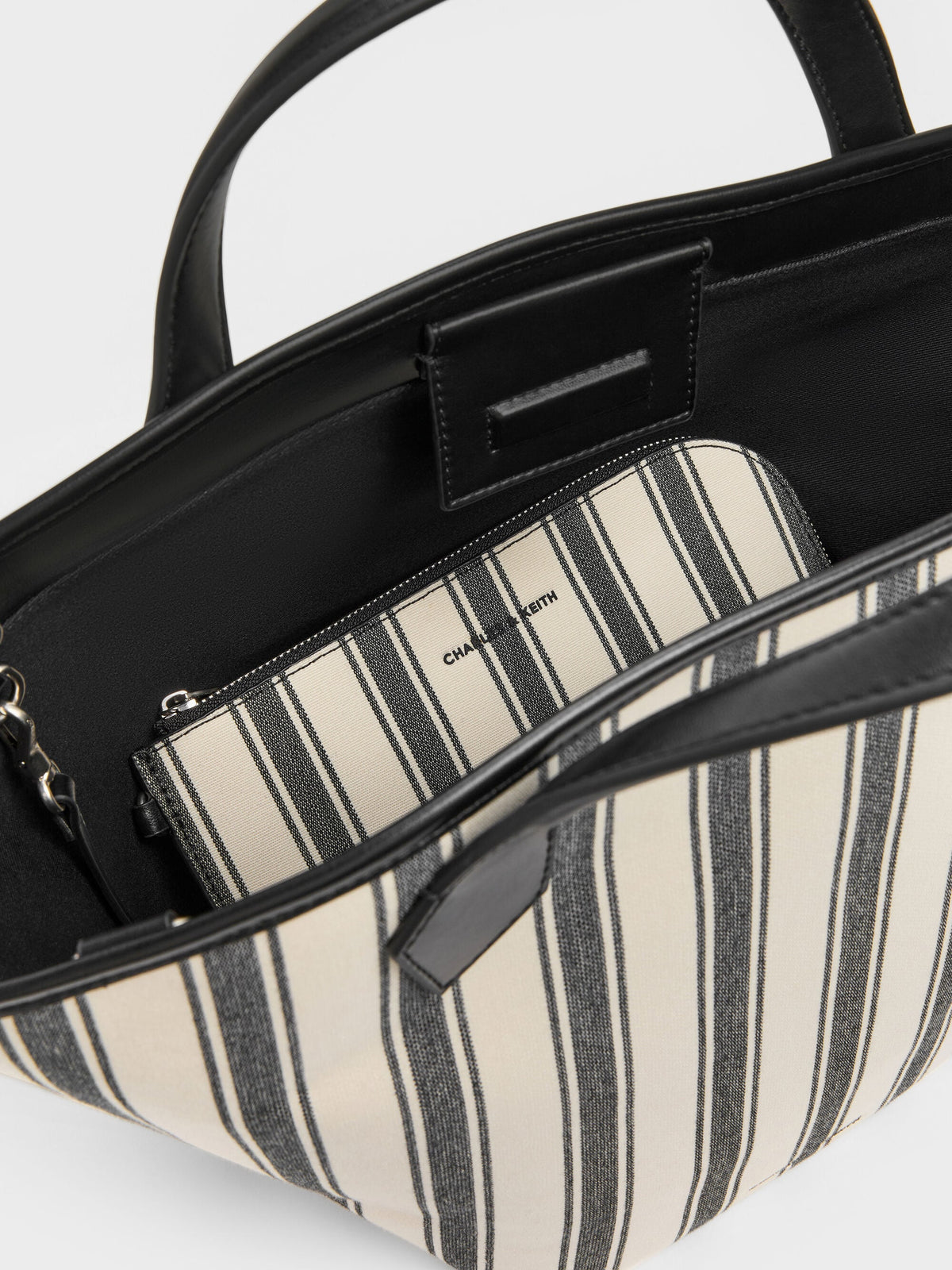 CHARLES & KEITH Classic / Large Ivanna Canvas Striped Tote Bag - Noir